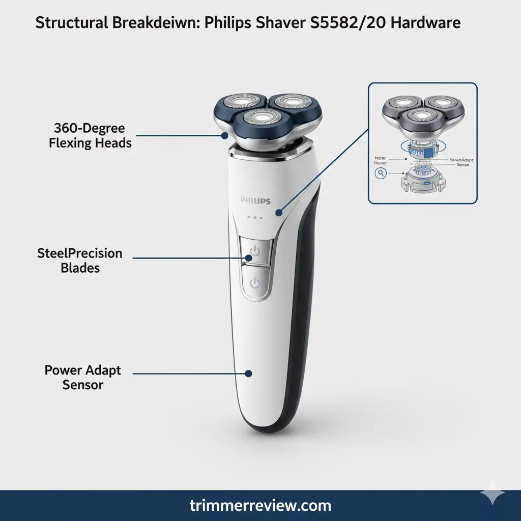 Technical diagram showing the anatomy of the Philips Shaver S5582/20, highlighting 360-degree flexing heads, SteelPrecision blades, and Power Adapt sensor locations.