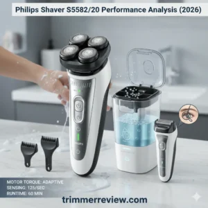 echnical infographic of the Philips Shaver S5582/20, highlighting 360-degree flexing heads, adaptive motor torque, and the Quick Clean Pod system for 2026.