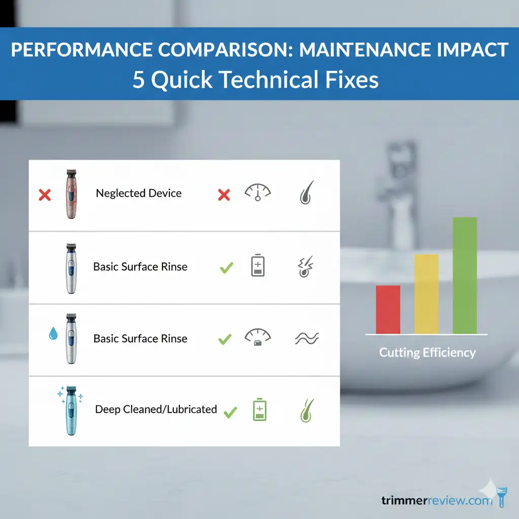 A performance comparison chart showing how maintenance levels affect a Philips nose trimmer making loud noise and battery life.