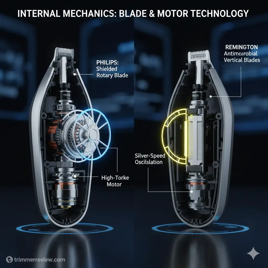 Technical diagram of Philips high-torque motor and Remington antimicrobial vertical blades.