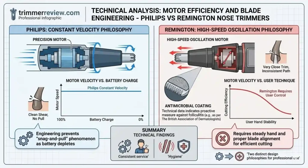 Technical comparison chart of Philips constant velocity motor vs Remington high-speed oscillation motor for nose trimmers.
