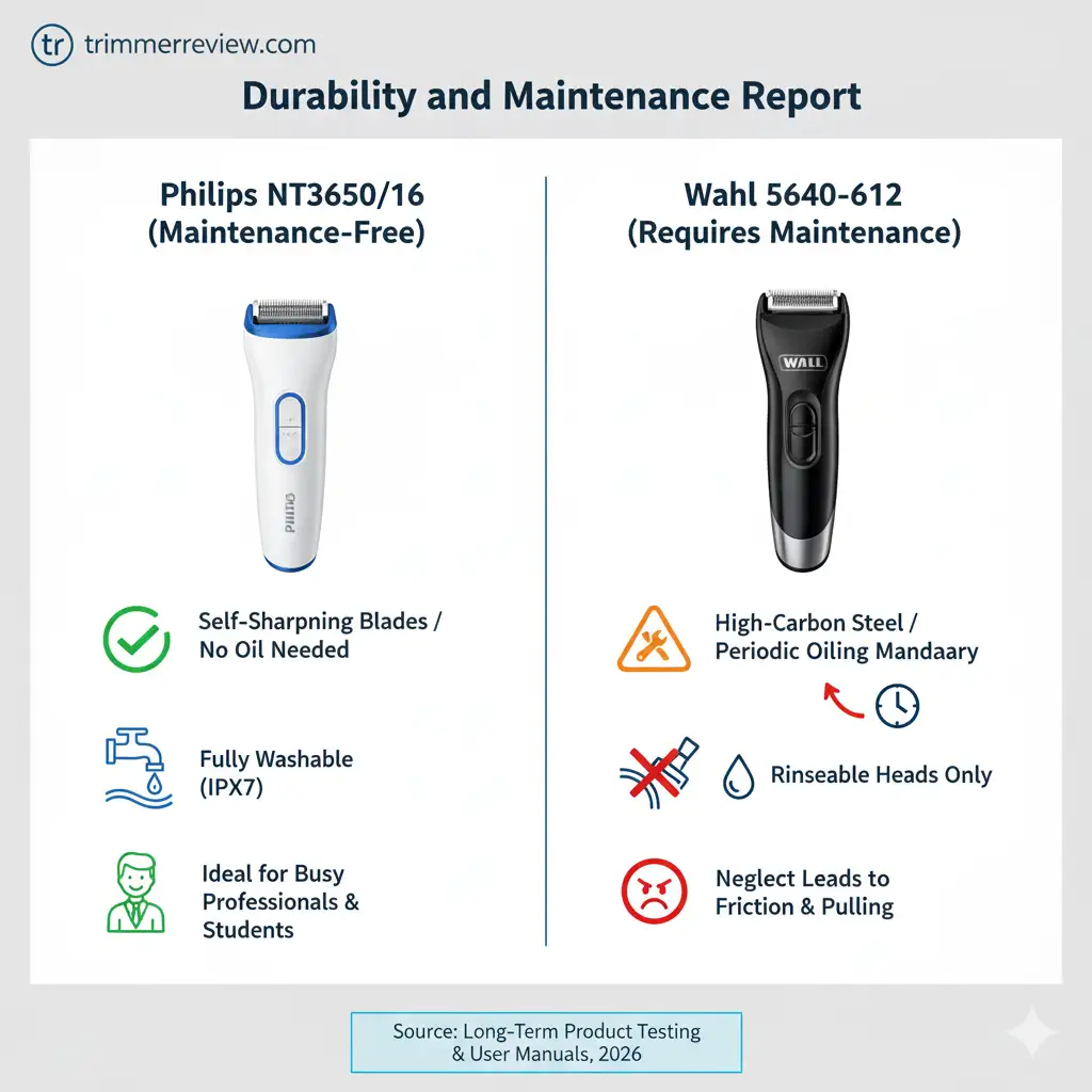 Maintenance comparison: Philips NT3650/16 maintenance-free vs Wahl 5640-612 oiling requirements.
