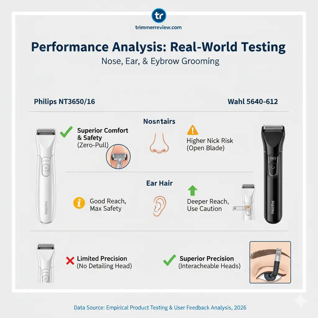 Performance comparison between Philips NT3650/16 and Wahl 5640-612 for nose, ear, and eyebrow grooming.