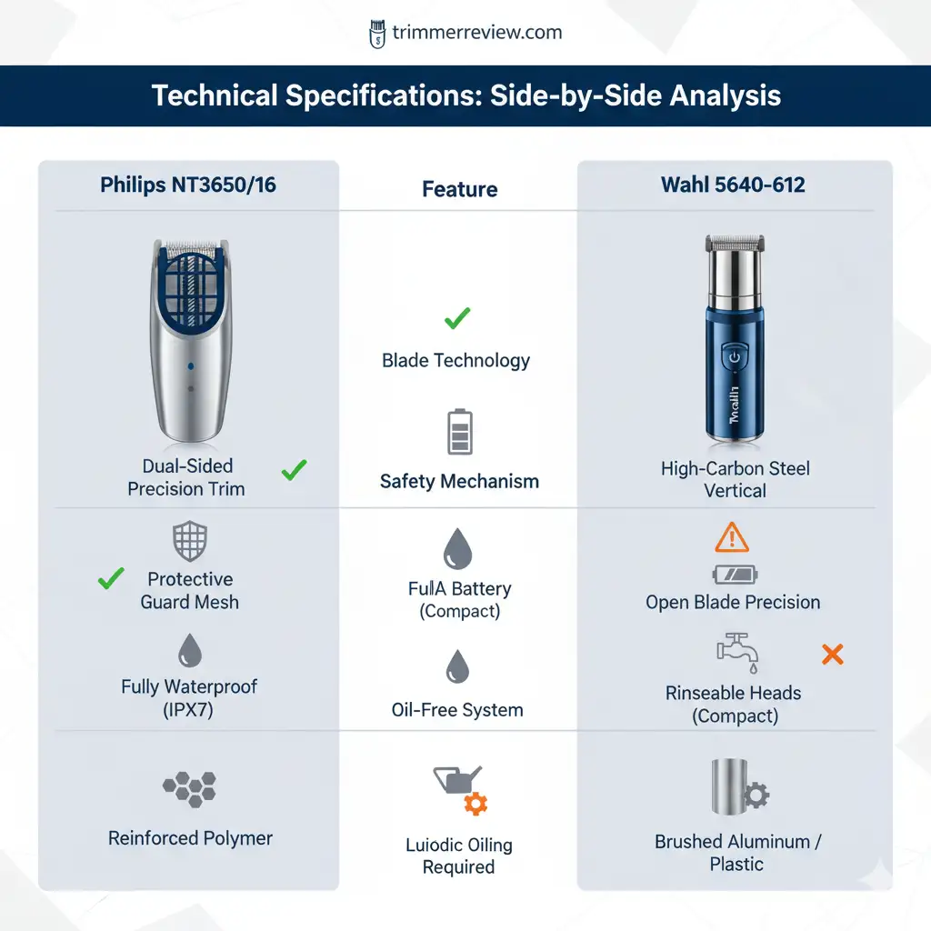 Philips NT3650/16 vs Wahl 5640-612 technical specification comparison chart.