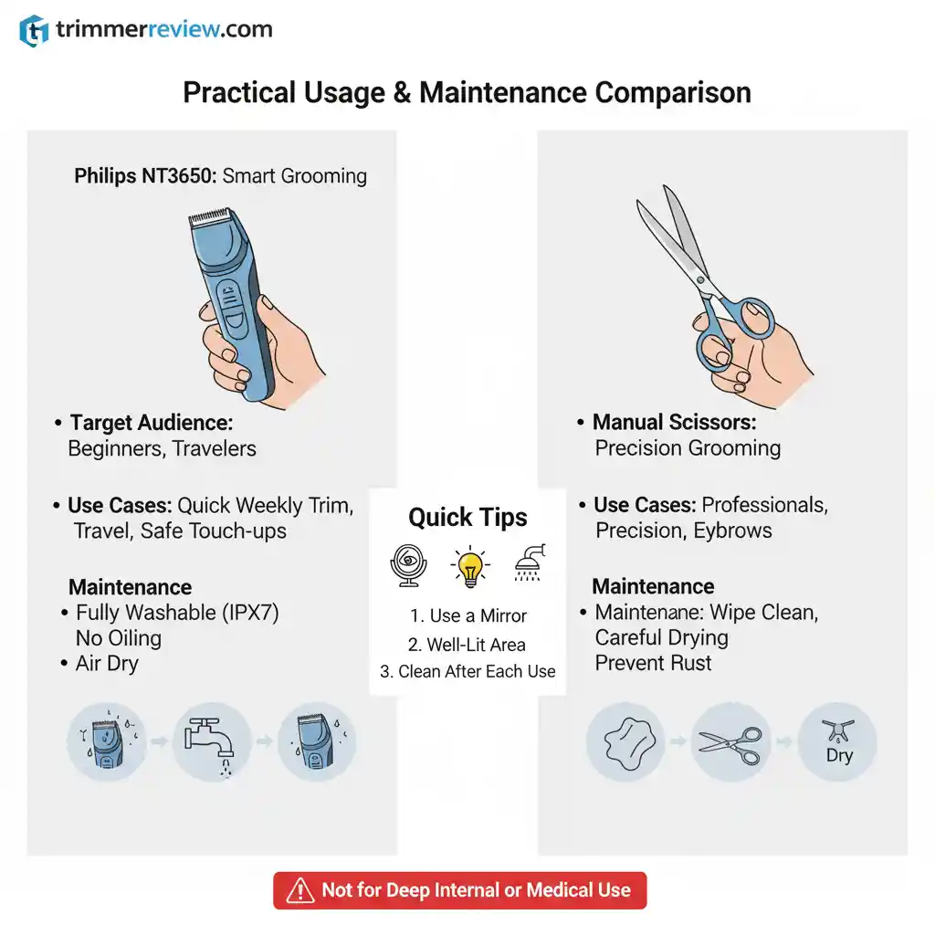 Comparison chart for Philips NT3650 and manual scissors, detailing target audiences, use cases, and maintenance protocols, with a highlighted safety warning.