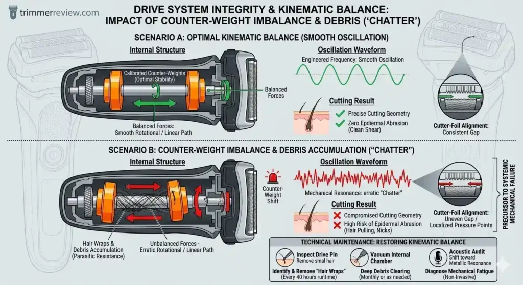 Technical diagram showing shaver drive shaft counter-weight balance versus imbalance caused by hair wraps and debris.