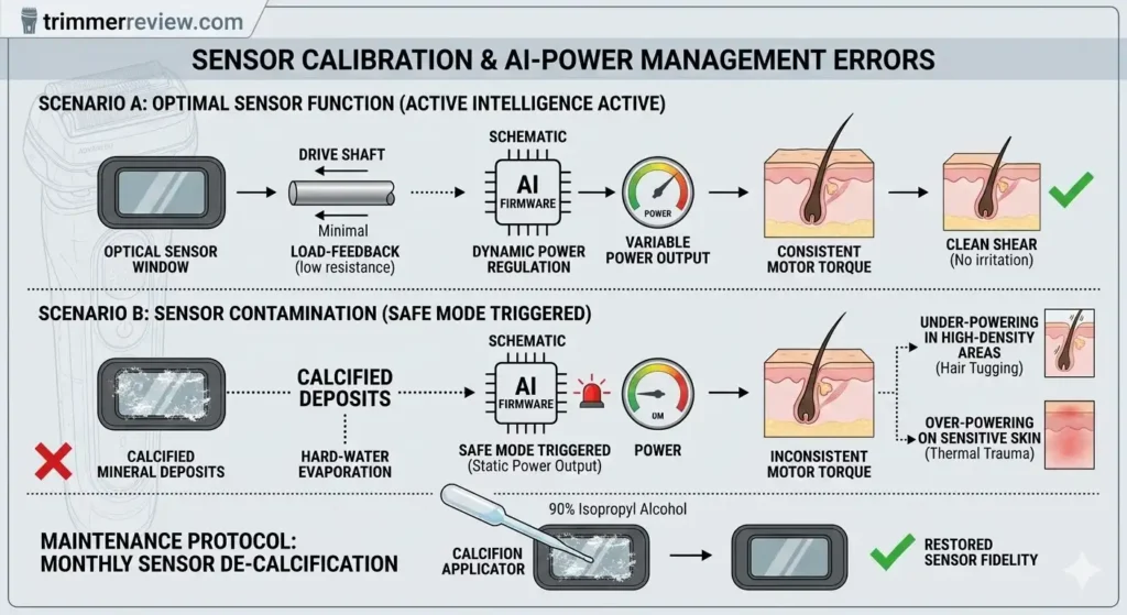 Diagram of electric shaver sensor calibration showing active intelligence logic vs safe mode due to mineral deposits.