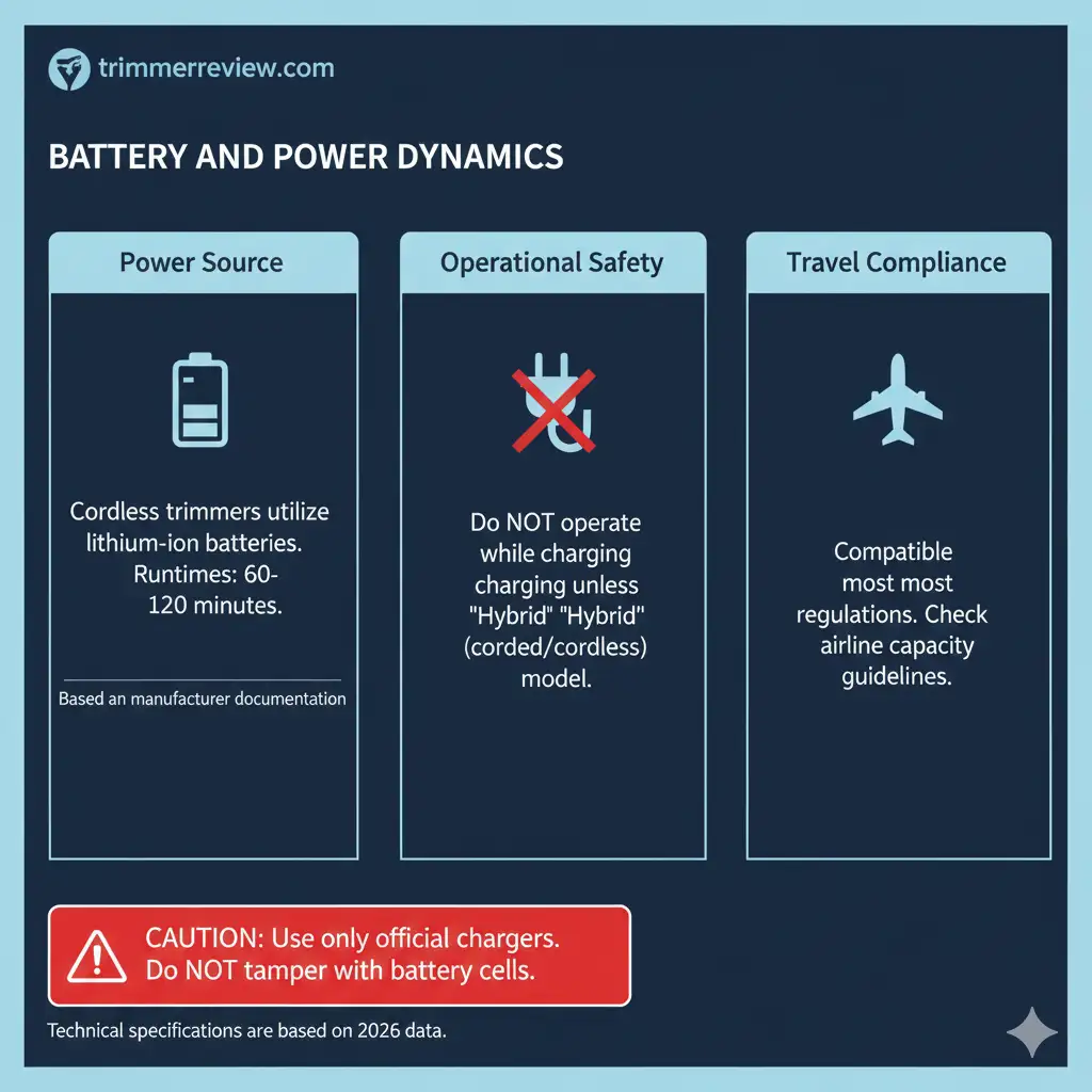 Technical infographic explaining cordless trimmer battery runtimes, operational safety warnings, and travel compliance regulations.