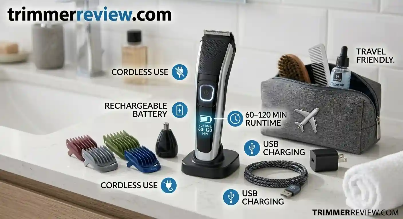 Cordless electric trimmer with rechargeable lithium-ion battery, charging accessories, and travel-friendly grooming setup with trimmerreview.com logo.
