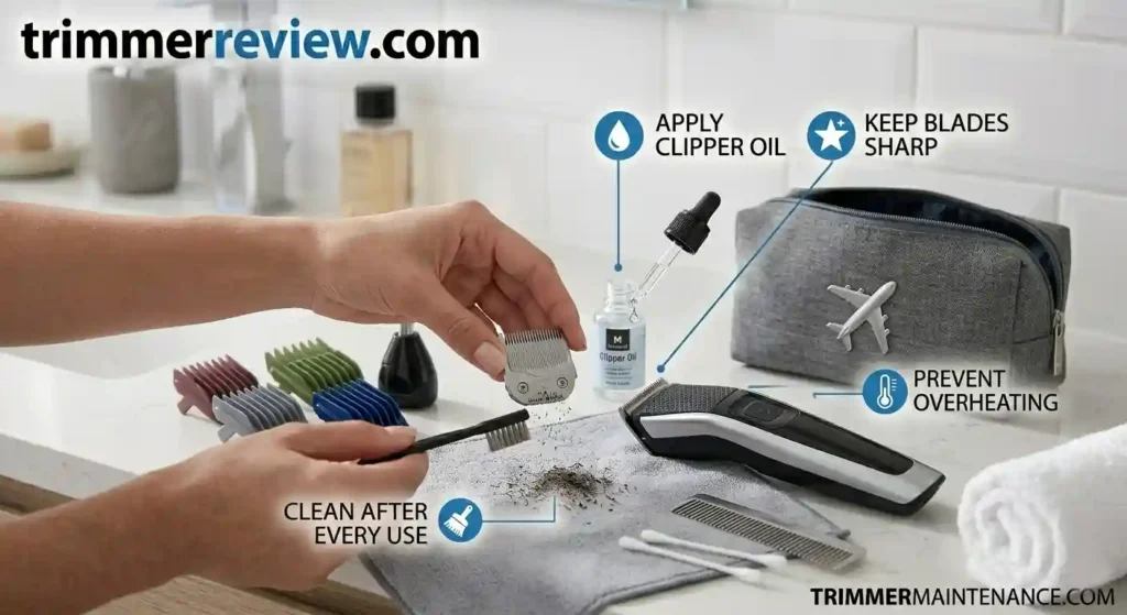 Electric trimmer cleaning and lubrication process with detachable blades, clipper oil, cleaning brush, and trimmerreview.com logo.