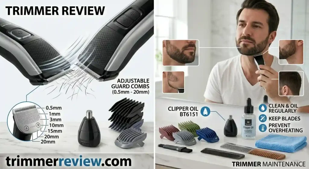 Electric trimmer with precision blades, adjustable guard combs, grooming attachments, and maintenance tools for beard and hair trimming.