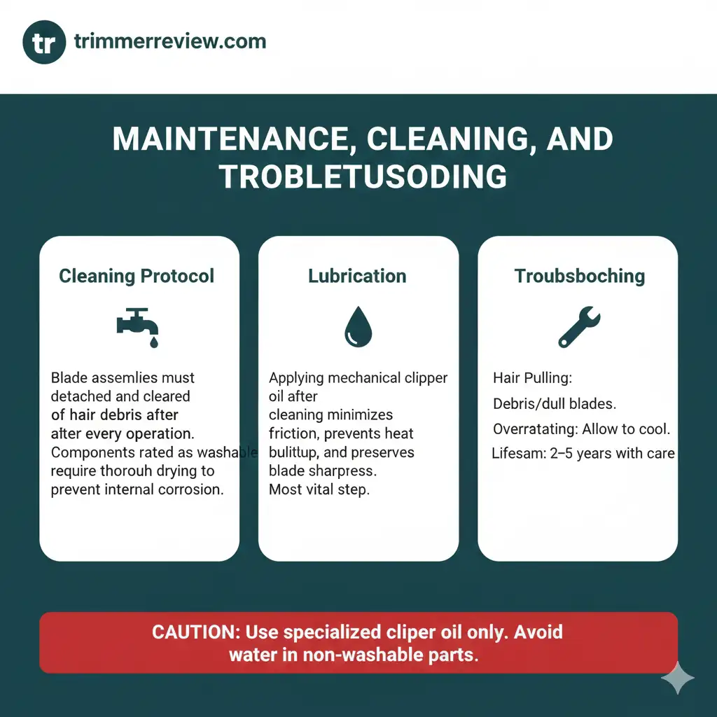 Technical overview of trimmer maintenance protocols, covering cleaning cycles, lubrication importance, and common troubleshooting steps.