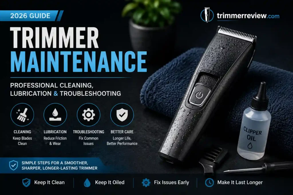Professional trimmer maintenance guide hero image showing electric trimmer, clipper oil, cleaning tools, and grooming maintenance tips with TrimmerReview.com logo.