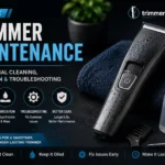 Professional trimmer maintenance guide hero image showing electric trimmer, clipper oil, cleaning tools, and grooming maintenance tips with TrimmerReview.com logo.