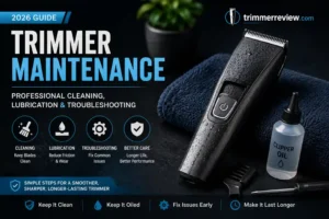 Professional trimmer maintenance guide hero image showing electric trimmer, clipper oil, cleaning tools, and grooming maintenance tips with TrimmerReview.com logo.