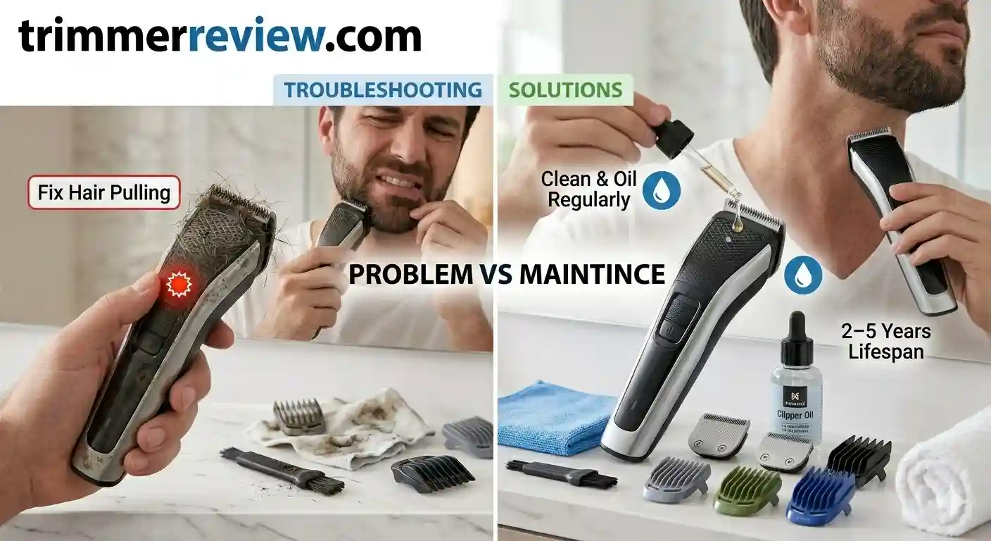 Electric trimmer troubleshooting image showing blade cleaning, clipper oil application, overheating warning, and maintenance tools with trimmerreview.com logo.