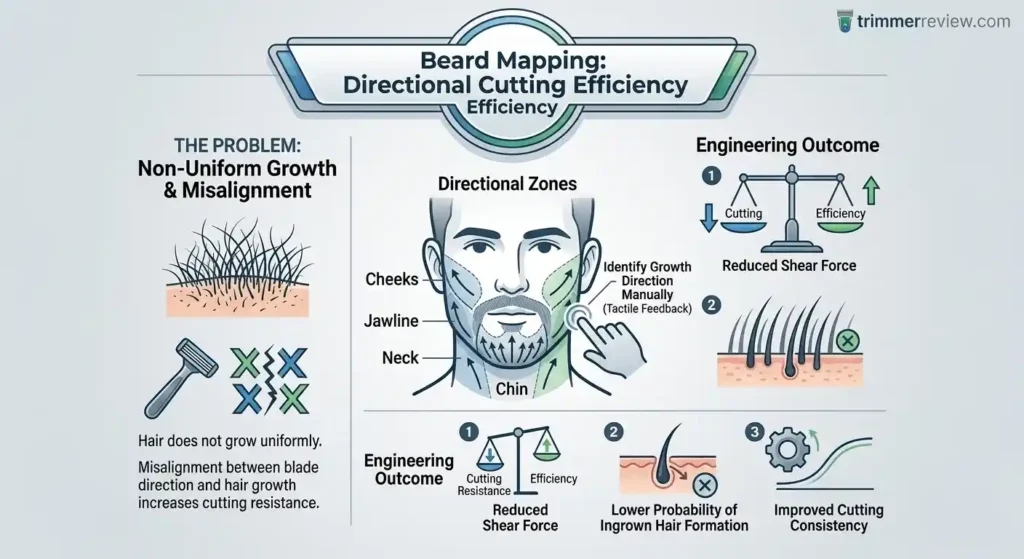 Beard mapping diagram showing facial hair growth directions and how aligning shaving direction reduces irritation and improves cutting efficiency.