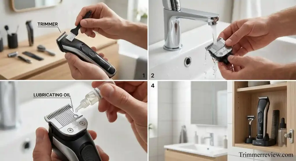 Cleaning and maintaining a beard trimmer including brushing hair, rinsing blades, applying oil, and storing in a dry place