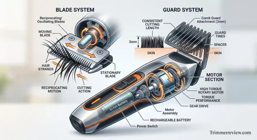Beard trimmer mechanics showing blade system, guard attachment, and motor performance for smooth and even trimming