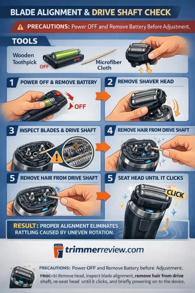 Electric shaver blade alignment and drive shaft inspection process using wooden toothpick and microfiber cloth showing head removal, debris cleaning and proper reattachment.