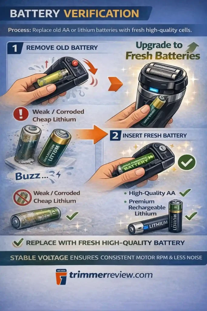Electric shaver battery verification showing removal of old AA battery and replacement with fresh high quality lithium or alkaline cells for stable motor RPM.