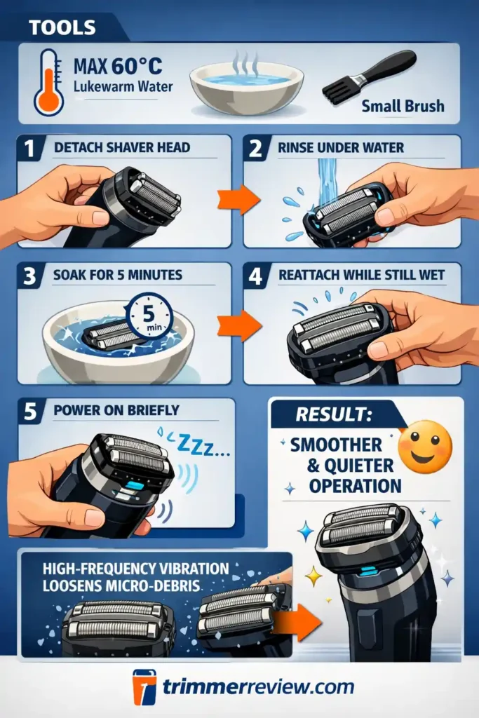 Electric shaver head cleaning process using lukewarm water and brush showing detach, rinse, soak, reattach and vibration debris removal steps.