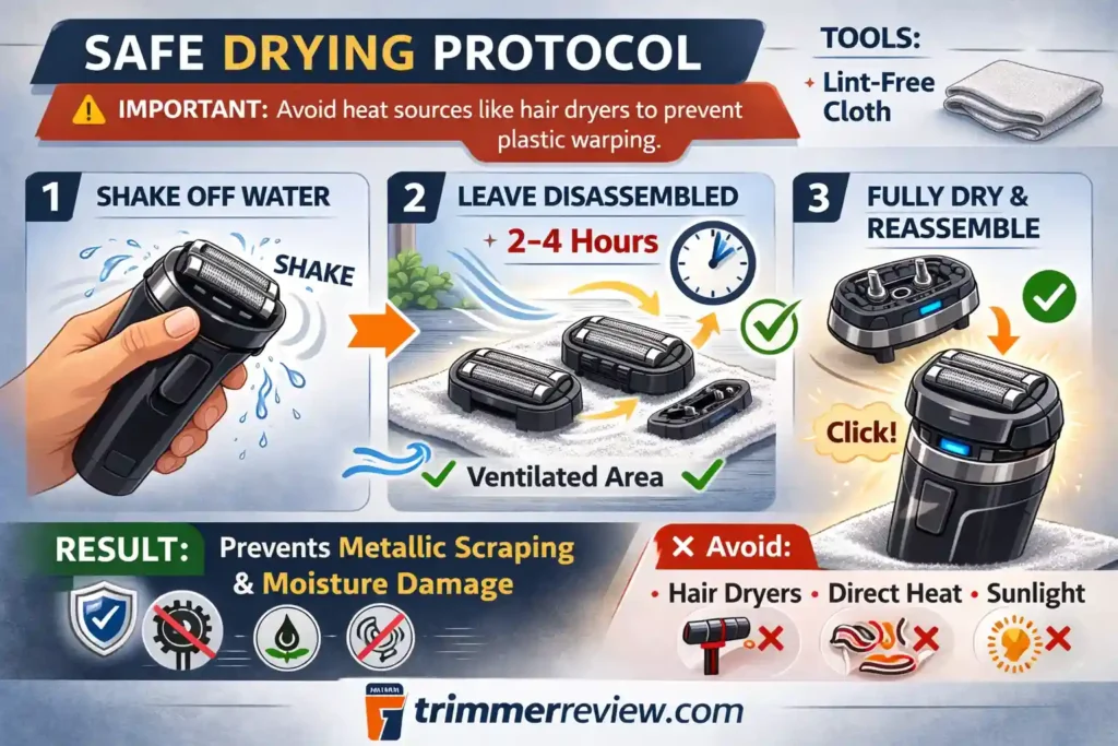 Electric shaver safe drying protocol showing shaking off water, leaving shaver head disassembled for 2–4 hours in a ventilated area and avoiding heat sources like hair dryers.
