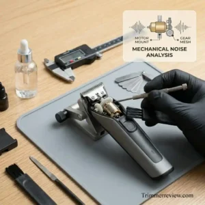 Electric shaver being inspected for noise issues with tools on a workbench