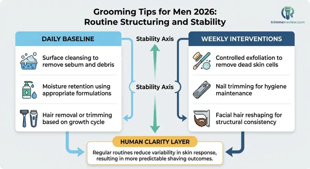 Infographic diagram comparing daily and weekly men's grooming routines for skin stability and shaving predictability in 2026.
