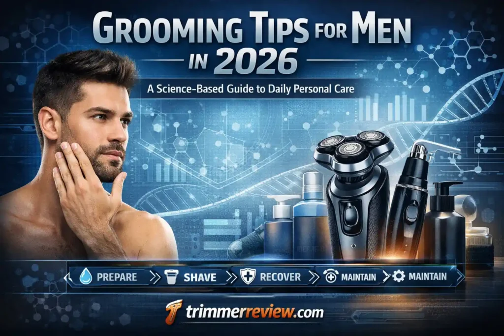 grooming tips for men 2026 workflow showing shaving, trimming, skincare routine and grooming tools