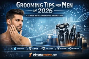 grooming tips for men 2026 workflow showing shaving, trimming, skincare routine and grooming tools