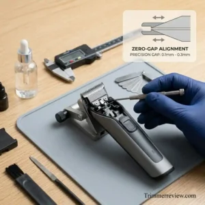 Hands calibrating electric trimmer blades with screwdriver on a clean workspace, showing precise alignment