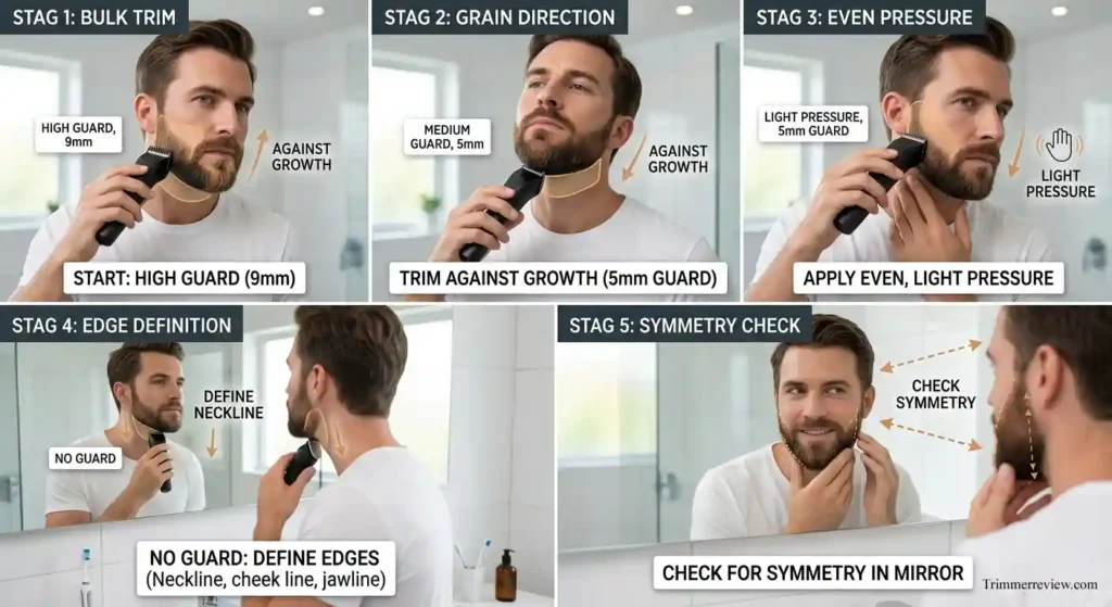Step-by-step beard trimming process using a trimmer including guard selection, trimming against hair growth, edge shaping, and symmetry check
