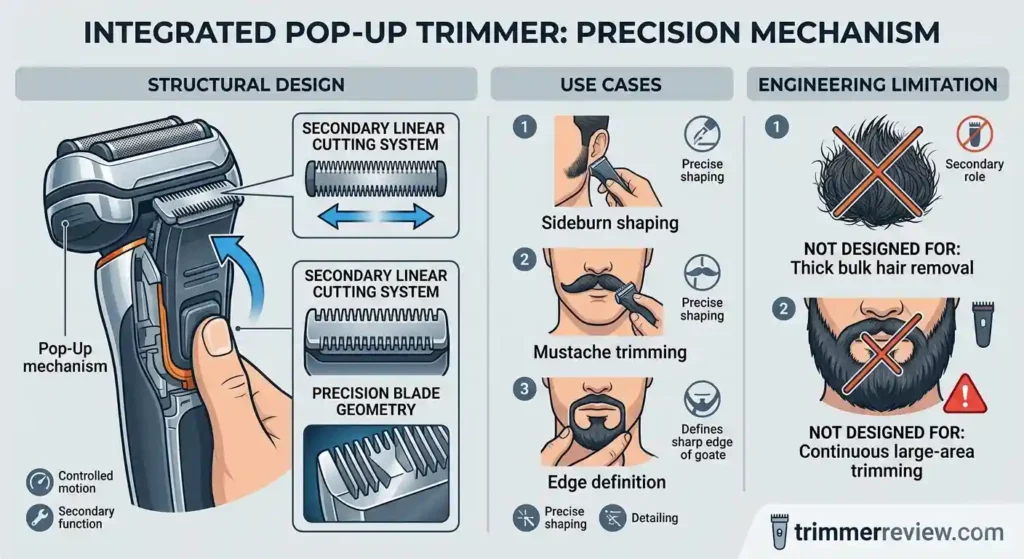 A detailed technical infographic diagram on a light gray background illustrating the structural design, use cases, and engineering limitations of the integrated pop-up trimmer, from trimmerreview.com.