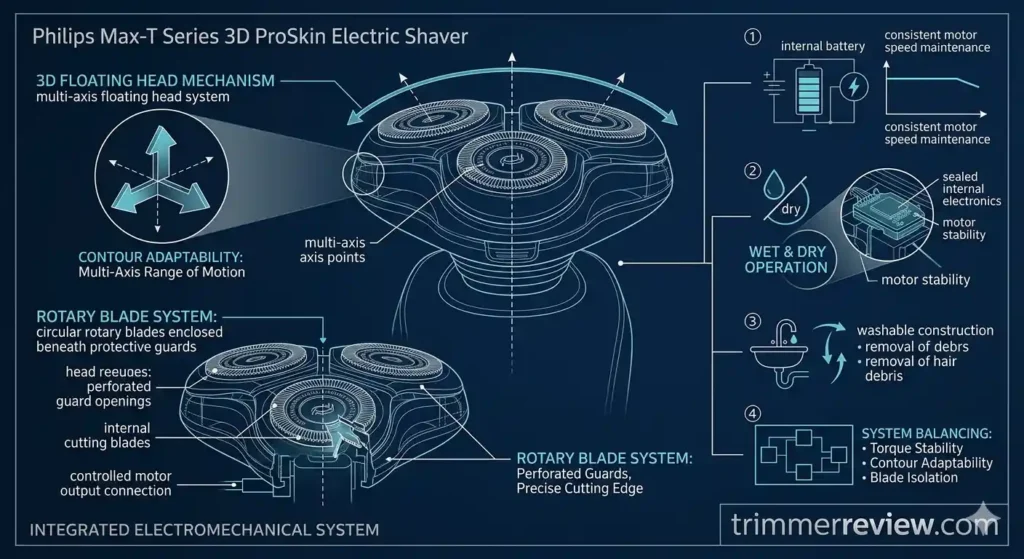 Technical engineering diagram of Philips Max-T Series 3D ProSkin rotary blade system and 3D floating head mechanism.