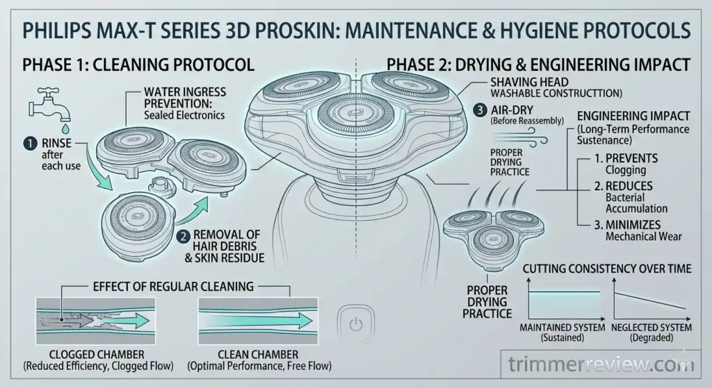 A technical maintenance diagram for the Philips Max-T Series 3D ProSkin showing cleaning protocols, drying practices, and their engineering impact on performance.