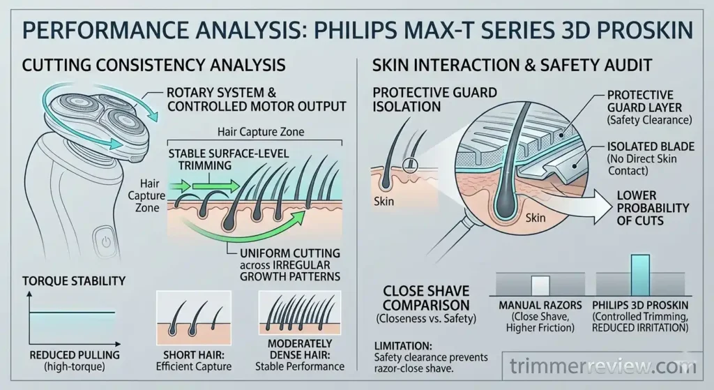 A technical diagram illustrating the performance analysis of the Philips Max-T Series 3D ProSkin electric shaver, focusing on cutting consistency and skin interaction.