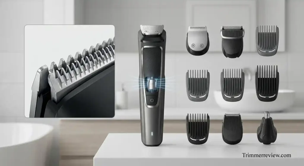 Philips MG7922/15 multi-grooming trimmer with attachments, stainless steel blades and BeardSense technology in use
