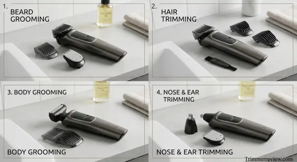 Philips MG7922/15 trimmer attachments for beard grooming, hair trimming, body grooming, and nose and ear hair trimming