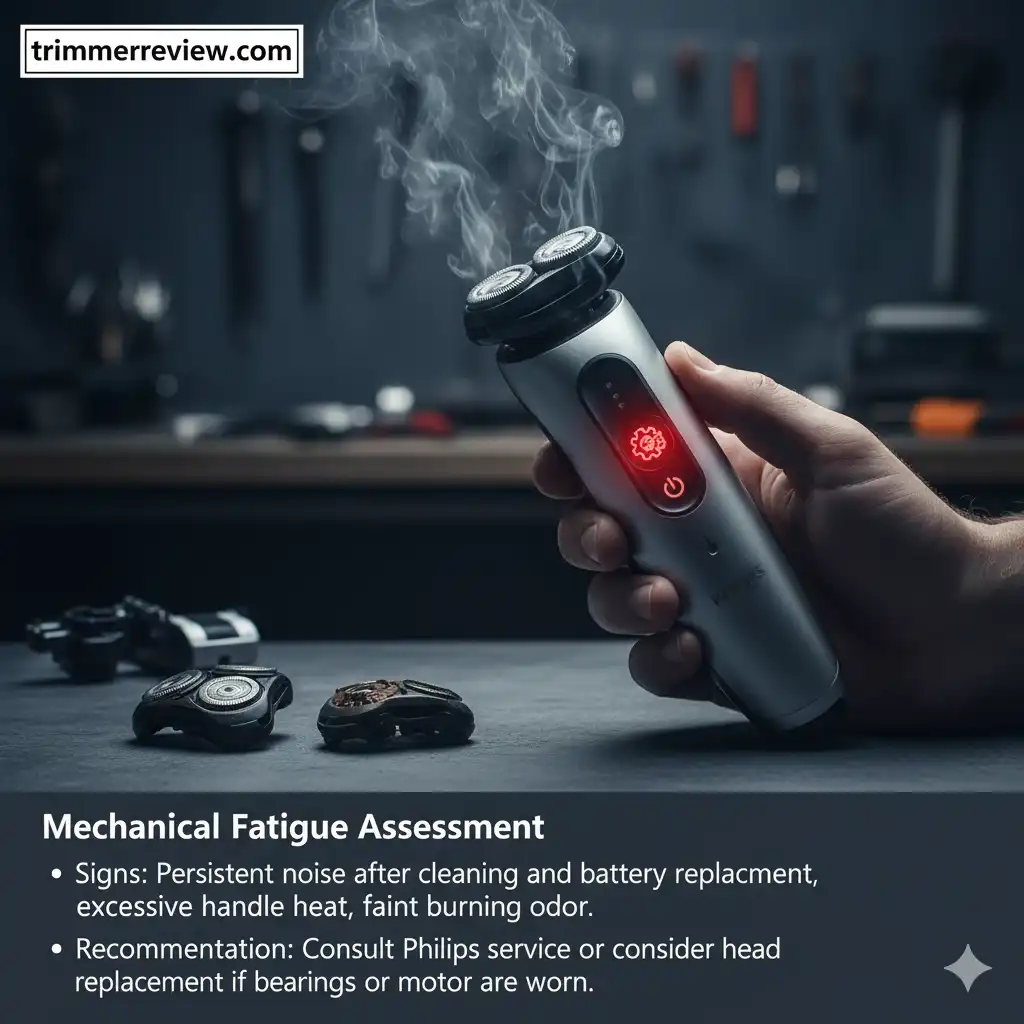 Philips electric shaver showing signs of mechanical fatigue like handle overheating and smoke.