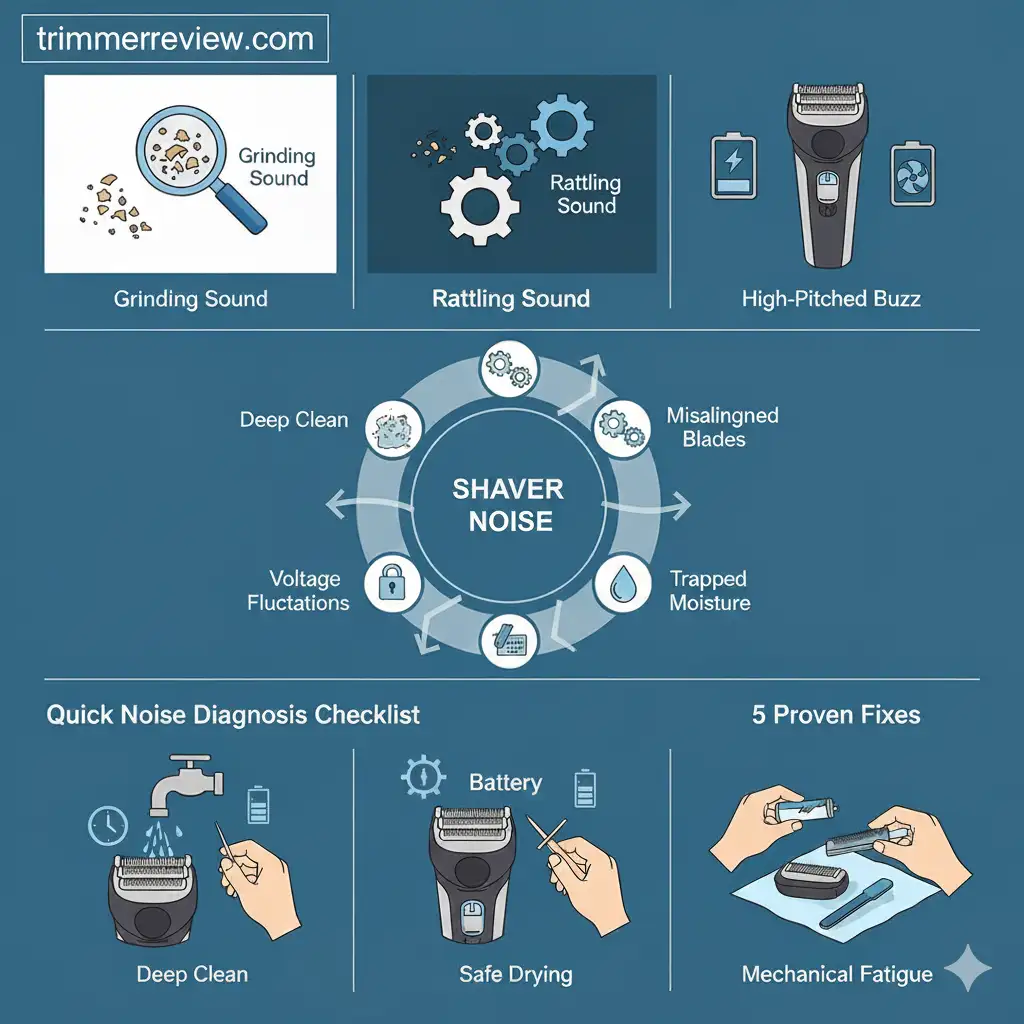 Infographic showing common causes and fixes for loud noise in Philips electric shavers