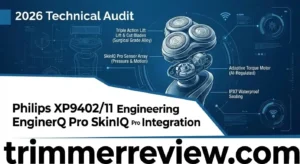 Philips XP9402/11 SkinIQ Pro sensor array and Triple Action Lift & Cut kinematics logic diagram for 2026 technical audit.