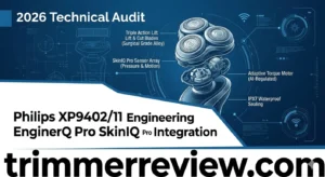 Philips XP9402/11 SkinIQ Pro sensor array and Triple Action Lift & Cut kinematics logic diagram for 2026 technical audit.