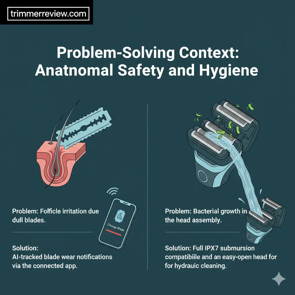 Philips XP9402/11 anatomical safety and hygiene system showing blade wear monitoring and IPX7 waterproof cleaning