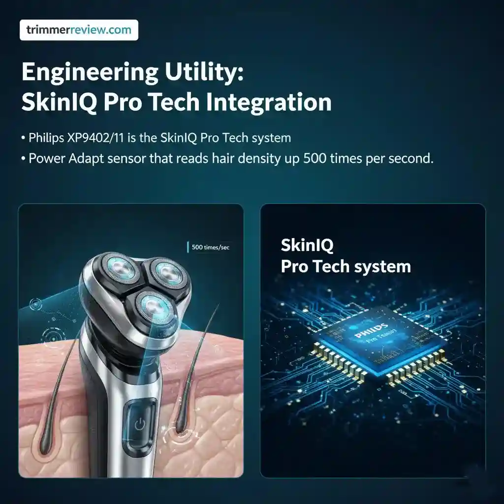 Philips XP9402/11 SkinIQ Pro Tech system with Power Adapt sensor detecting hair density up to 500 times per second.