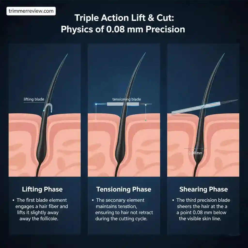 Philips XP9402/11 Triple Action Lift and Cut rotary blade mechanism showing lifting, tensioning and shearing phases with 0.08 mm precision.
