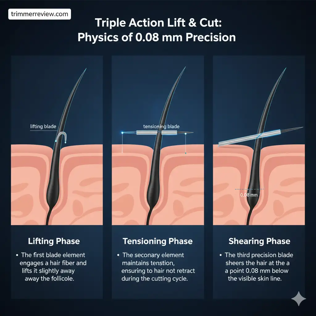 Philips XP9402/11 Triple Action Lift and Cut rotary blade mechanism showing lifting, tensioning and shearing phases with 0.08 mm precision