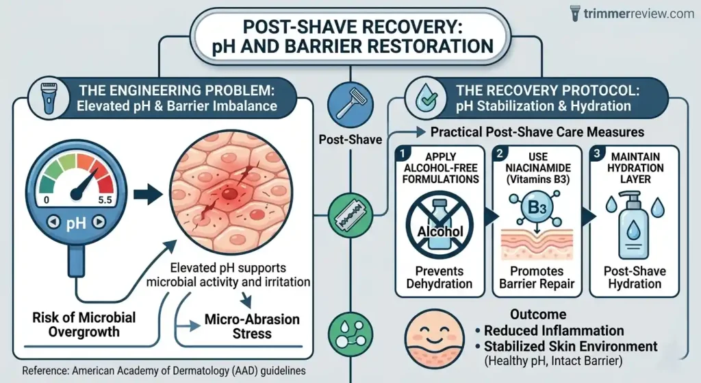 Post-shave recovery diagram showing pH imbalance, skin irritation, and recovery steps including hydration, barrier repair, and alcohol-free formulations.