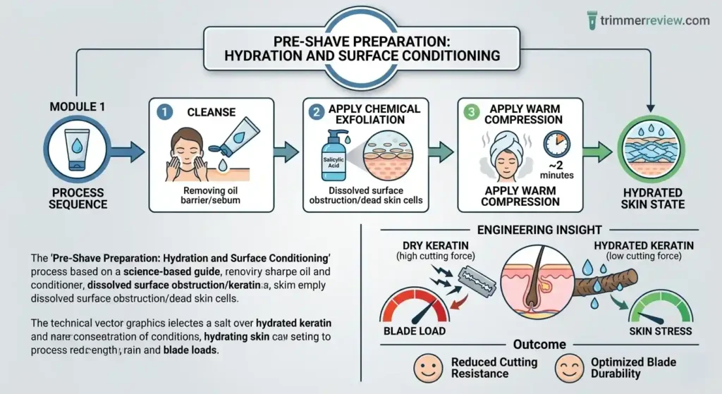 Pre-shave preparation diagram showing cleansing, exfoliation, and warm compression steps to hydrate hair and reduce shaving friction and skin stress.