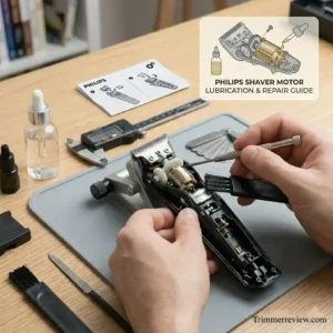 Person repairing a Philips electric shaver at home with tools on workbench